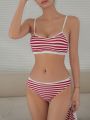 DAZY Ribbed Knit Striped Bikini Swimwear Set + Swim Skirt