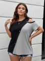 SHEIN LUNE Plus Size Women'S Contrast Color Off Shoulder T-Shirt