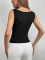 SHEIN Privé Women's Knitted Draped-Neck Sleeveless Top Suitabe For Work In Black