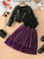 Young Girl PU Leather Jacket & Two Layer Hem Dress