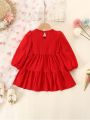 Baby Girl Solid Ruffle Hem Smock Dress With Bag