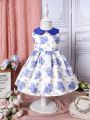 Infant Girls' Blue Floral Peter Pan Collar Cute Daily Casual Dress For Spring And Summer