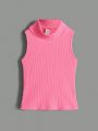 SHEIN Kids EVRYDAY 3pcs/Set Knit Ribbed Turtleneck Casual Vest, For Tween Girls