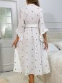 Polka Dot Print Ruffle Trim Flounce Sleeve Wrap Belted Robe