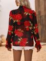 Women's Floral Print Neckline Lace-Up Shirt