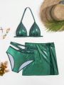 Teenage Girls' Metallic Fabric Halter Neck Swimsuit Set