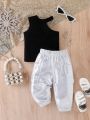 Baby Girl Solid Color Vest And Silver Drawstring Waist Pants Set For Street Style, Summer