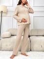 Maternity Waffle Knit Patched Pocket Adjustable Waist Lounge Set