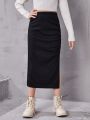 SHEIN Tween Girls' Vintage Simple Street Fashion Pleated High Slit Skirt