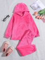 SHEIN Kids EVRYDAY Young Girl Solid Teddy Hoodie & Pants