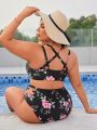 SHEIN Swim Classy Plus Size Floral Print Swimwear With Hollow Out Design