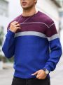 Men'S Contrast Color Round Neck Casual Long Sleeve Sweater