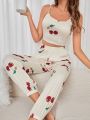 Women's Cherry Printed Camisole Top And Pants Pajama Set