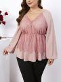 SHEIN Clasi Plus Size Lace Patchwork Long Sleeve Shirt With Drawstring Waist