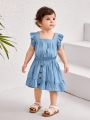 SHEIN Baby Girls' Casual Denim Look Square Collar Top And Elastic Waist Half Skirt Set