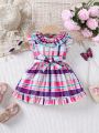 Baby Girls' Colorful Grid Pattern Double Layered Collar Puff Sleeve Sweet Princess Dress For Summer