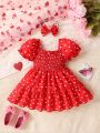 New Summer Baby Girls' Puff Sleeve Heart Printed Fashionable Adorable Dress