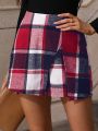 SHEIN Frenchy Plaid Print Split Hem Skort