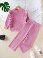 SHEIN Kids EVRYDAY Toddler Girls' Knitted Ruffle Trim Sweater And Pants Set