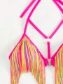 SHEIN Swim Vcay Ladies' Rainbow Tassel Halter Neck Tie Swimsuit Set