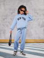 SHEIN Kids Cooltwn Tween Girls' Street Style Knitted Loose Hoodie And Sweatpants Set With Letter Print