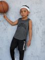 SHEIN Young Boy Loose Knitted Round Neck Sleeveless Sports Vest With Letter Print