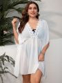 SHEIN Swim Vcay Plus Size Women'S Lace Splicing Batwing Sleeve Cover Up Dress