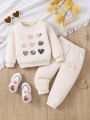 Baby Girl Casual Comfortable Heart Print Sweatshirt And Elastic Waist Letter Printed Pants