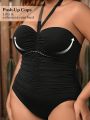 SHEIN Leisure Plus Size Solid Color Halterneck One-Piece Swimsuit