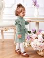 SHEIN Baby Girls' Casual Knitted Solid Color High Neck Ruffle Decor Long Sleeve Belted Dress