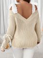 SHEIN Qutie Plus Size Lace Up Shoulder Long Sleeve Pullover Sweater