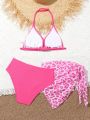 Girls' Leopard Print Halter Neck Swimsuit Set