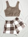 Women's Plush Vest And Plaid Shorts Home Clothing Set