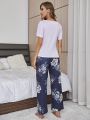 Solid Tee & Floral Print Bow Front Pants PJ Set