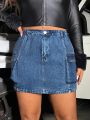 Plus Denim Effect Flap Pocket Side Cargo Skirt