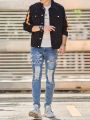 Men Splash Ink Print Contrast Tape Flap Pocket Denim Jacket