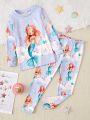 Toddler Girls' Pink Fish & Fairy Patterned Long Sleeve Top And Pants Set For Autumn And Winter, For Home Wear