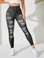 Yoga Basic High Waist Ripped Denim Effect Print Sports Leggings