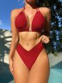 SHEIN Swim Summer Beach Solid Halter Triangle Bikini Set