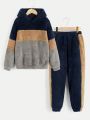 SHEIN Tween Boy Color Block Teddy Hoodie & Pants