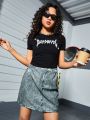 Teenage Girls' Letter Printed T-Shirt And Denim Printed Skirt Set