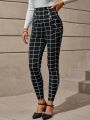 EMERY ROSE Women's Slim Fit Grid Pattern Printed Long Pants