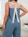 Plus Size Lace Backless Split Design Cami & Long Pants Pajama Set