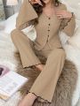 Women's Contrast Color Lettuce Edge Long Sleeve & Long Pants Pajama Set