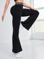 Daily&Casual Sports Pants With Waist Letter Print & Flare Leg