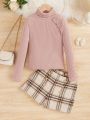 SHEIN Kids CHARMNG Girls' Knitted Solid Color Stand Collar Top With Plaid Woven Shorts Romantic 2pcs Set