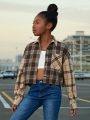 SHEIN Kids Cooltwn Junior Girls' Street Style Sports Woven Plaid Splice Loose Fit Long Sleeve Shirt