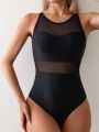 SHEIN Swim Classy Mesh-Panel Backless One-Piece Swimsuit