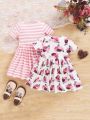 SHEIN Baby Girls' Casual Flower & Stripe Short Sleeve Dress 2pcs/Set