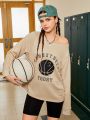 Street Sport Basketball Letter Print Drop Shoulder Sleeve Sporty Sweatshirt